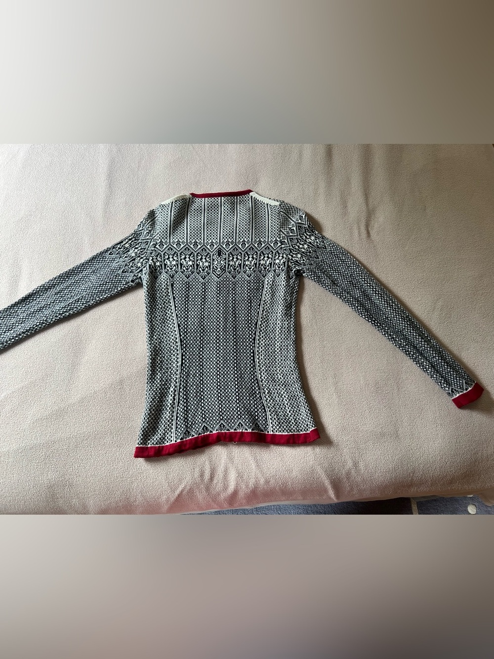 Dale of Norway Black and White Fair Isle Zip-Up Sweater with Red Trim - Picture 3 of 10